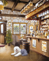  Close-up of Old Pub wooden jigsaw puzzle presenting the inside of a pub with a bar stocked full of liquor and beer on tap. The stone wall, lantern lighting, and wood features add character to this establishment, where a furry sheep dog lays on the floor next to a barrel chair. 