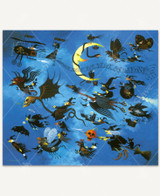  Folk-art style Halloween illustration featuring witches flying across a night sky on broomsticks, bird-like creatures, tiny airplanes, etc. A giant yellow crescent moon with glowing red eyes, a large red nose, and a frowning face looms overhead. Beneath the moon, a curling ribbon banner reads “YOUR BASIC EVIL BLACK SQUADRON.” 