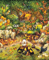  Close up of Noah's Dilemma wooden jigsaw puzzle, featuring Noah standing on a whale surrounded by a variety of animals on shore as it rains. Between the trees in the background is a boat that is being built. 