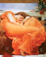  Close up of a woman in a flowing, sunset-orange gown sleeps peacefully, curled on a stone bench beneath golden sunlight. Behind her, blossoms rest nearby, and the distant sea shimmers under a tranquil sky. 