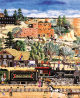  Close-up of Grand Canyon wooden jigsaw puzzle displaying a group of people waiting by their horse and buggy as people disembark from a train. Desert plants follow the pathway up to a dark brown building nestled along the gorge. 