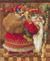  Close-up of Olde World Santa wooden jigsaw puzzle awakening the magic of the holiday season with James Christensen's depiction of Santa Claus holding a bag full of toys. Elements such as holly, ivy, and mistletoe are a nod to the Christmas celebrations of British and Northern European forebears. 