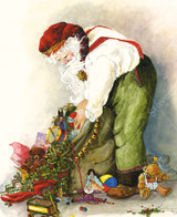  Close up of Santa dressed in green trousers and suspenders, carefully sorting through a sack overflowing with festive toys and holiday decorations. 