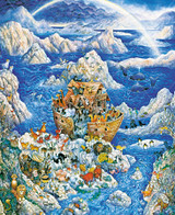  Close up of Noah's Ark So Plentiful wooden jigsaw puzzle, unveiling a variety of animals getting off of Noah's ark. The background is the ocean with scattered rock formations and a rainbow stretching across the sky in front of dark storm clouds. A family can be seen welcoming the animals, as they stand by their shelter on the rocks and cooking on a fire. 