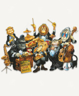  New Nairobi Jazz Band wooden jigsaw puzzle presents six primates dressed up in tuxedos playing a variety of instruments– clarinet, piano, drums, trumpet, double bass, and guitar. In front of the gorilla playing the piano is a sign introducing the troop as "The New Nairobi Jazz Band". Next to the baboon playing the double bass is a black cat listening to the music. 