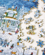  Pieces taken apart of Winter Village wooden jigsaw puzzle illustrating children playing outside in the snow as they build a snowman, sledding, and making snow angels. For the adults, it's a day of cleaning snow off cars and clearing pathways. 