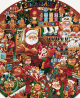  Close up of Santa Claus Workshop wooden jigsaw puzzle shows a jolly scene of Santa checking his naughty or nice list as a group of elves work around him to make sure everything is ready for Christmas. Mrs. Claus can even be seen in the back, checking the quality of the toys. 