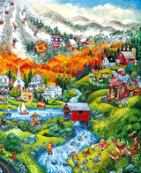  Close up of Country Spring wooden jigsaw puzzle showcasing all the seasons within a small town located in a valley. Snow covered mountains fill the top of the scene as people go up a chairlift and ski their way down. Colorful fall trees line the bottom of the mountains and flow with the rolling hills. People enjoy a warm summer day taking their boats out on the lake. Spring comes rolling in as flowers blossom, and wildlife watches a family go on a picnic by a flowing river. 