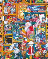  Close up of Toy Man wooden jigsaw puzzle giving a glimpse into a toy shop full of bright and colorful creations. A man sits in the center of the image with his back towards the viewer, looking very similar to Santa Claus. Two children have stumbled into this store and look around in amazement at everything there is to offer. 