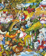  Close up of Alice In Wonderland (Queen Meets Alice) wooden jigsaw puzzle displays a collage of scenes from the classic tale of Alice In Wonderland. In the center of the image, Alice looks up at a caterpillar, who is sitting on a mushroom as he blows rings of smoke in the air. The bottom right corner shows a knight sitting on a horse by a pond as a mouse floats in the water. 