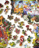  Pieces taken apart of Alice In Wonderland (Queen Meets Alice) wooden jigsaw puzzle displays a collage of scenes from the classic tale of Alice In Wonderland. 
