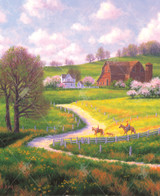  Close up of Sunday Ride wooden jigsaw puzzle, presenting a spring scene on a farm, where a family can be seen riding horses as their dog follows along. There is a farmhouse at the bottom of the image, as viewers follow along the dirt path next to a white fence, it leads to another farmhouse with flower bushes and a barn in the center. Wide open fields surround the property and trees following along the top of the hill's horizon line. Pink fluffy clouds fill the sky above. 
