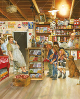  Close-up of Little Shoppers wooden jigsaw puzzle bringing you inside an old general store where three kids and there dog stare at all the candy options. A woman sits by the candy while drinking coffee and holding a fly swatter. 