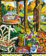  Close-up of Adirondack Porch Picnic wooden jigsaw puzzle of a scene from a cabin's front porch. On one side there is a porch swing with a dog laying underneath it and the other side has a chair next to a table with books and a vase of flowers. The view from the porch is a pond, where a canoe waits in between the cattails and a moose goes in the water to cool down. The fall trees add vibrant colors against the blue sky. The whole scene is framed in with triangle patterns, with ducks laying in tall grass in the center and fish in each corner. 