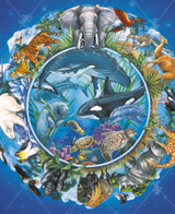  Close up of Circle Of Life wooden jigsaw puzzle displaying a variety of animals that are presented around a globe, with stars filling the background. In the center of the globe are marine animals swimming in the water. 