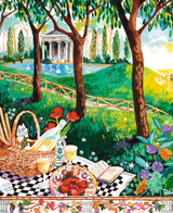  Close up of Rome picnic wooden jigsaw puzzle, capturing a picnic basket full of wine and breadsticks sitting next to a plate of strawberries on a checkered blanket on the grass. Behind a line of trees, a Roman temple and a pond with swans sits at the top of a hill. Running parallel to the trees, a pathway down the hill leads to the Colosseum in the distance. Grape vines and birds form a frame around the scene, where there is a Roman God at the top. 