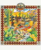  Southwest Savor wooden jigsaw puzzle presents a picnic in the desert, where a patterned blanket is layed on the ground with a basket, book, cowboy hat, and plates of food. A saddle is placed on a wooden fence, while a donkey is on the other side of the image taking a break. Cacti and other plants add to the scenery that lead to rocky mountains in the background. 
