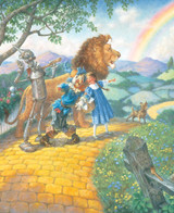  Close-up of Wizard Of Oz wooden jigsaw puzzle capturing its own take on the novel featuring the popular characters Dorothy, Tin Man, Cowardly Lion, Scarecrow, and Toto. The gang walks on the yellow brick road past a family at their home as they stop to point at Emerald City off in the distance. A rainbow stretched across the city with a lady's face appearing in the clouds. 