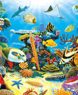  Close up of a colorful coral reef scene featuring tropical fish, a ray, and a shark swimming among vibrant corals in a sunlit underwater world. 