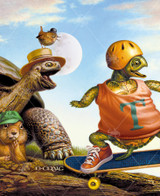  Close-up of Turtle & The Hare wooden jigsaw puzzle shows a turtle wearing a tank top and helmet as he rides a skateboard down a hill. A tortoise and bird cheer on the turtle as a gopher pokes its head out of its burrow with a worried expression. 