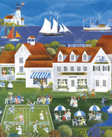  Close-up of Tidewater Days wooden jigsaw puzzle transporting you to the Tidewater Inn on the coast of Cape May. People go golfing, play tennis, float toy boats down the stream, and taking sail boat rides. Tables with umbrellas are set up on the lawn for guest to sit as they enjoy popcorn and lemonade. 