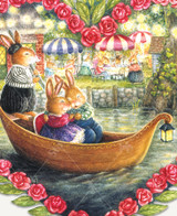 Close up of Romance In The Air wooden jigsaw puzzle presenting two adorable bunnies holding hands on a gondola ride. A group of bunnies having dinner outside watch as the boat floats by. 