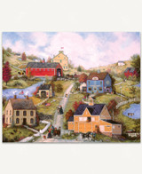  Folk-art style illustration of a charming 19th-century American village nestled among rolling green hills. Dirt paths wind through peaceful pastures and connect cozy homesteads, while villagers travel by horse-drawn carriage, horseback, and on foot. 
