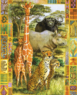  Close up of the African Plains wooden jigsaw puzzle showcases two cheetahs alongside a mother giraffe and her calf, a rhino, and a water buffalo, all together against a backdrop of the African plains. The artwork is beautifully bordered with vibrant African patterns and illustrations. 
