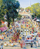  Close up of a lively parade scene from the Yarmouth Clam Festival, with crowds seated along the sidewalks watching the festivities pass by. 