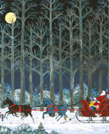  Close up of Wilbur Impersonating Santa Again wooden jigsaw puzzle capturing a man dressed as Santa Claus, riding a sleigh pulled by four horses. The sleigh is full of presents and has two flags on the back that say "for hire" and "Dec. 25." 