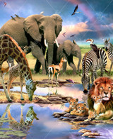  Close up of Cradle Of Life wooden jigsaw puzzle, unveiling a scene of safari animals gathering together by a waterhole in the savannah. Lions, zebras, birds, elephants, and giraffes stop to get a drink of water and lounge on the grass. The dark sky suggests a storm passed over, leaving a rainbow stretching across the land. Edges and elements may vary. 