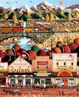  Close up of Sleepy Town West wooden jigsaw puzzle introducing a small western town that has a general store, saloon, post office and more. People ride on horse back or carriage throughout the town, parking them in front of the shops. Up the hill, a train is driving over a bridge, with mountains and a waterfall off in the distance. 