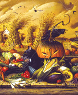  Close up of an autumn harvest scene with golden cornstalks bending in the wind and a black cat lounging among an abundance of vegetables, including corn, carrots, peppers, and tomatoes. Overhead, crows fly against a windswept sky while a jack-o’-lantern smiles slyly, creating a playful and mysterious fall atmosphere. 