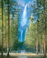  Close-up of Yosemite Falls View wooden jigsaw puzzle uncovering a trail with people walking towards a waterfall. Pine trees stretch tall on both sides of the trail, with a clear view of the falls in the center. 