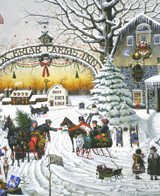  Close-up of Christmas Greeting wooden jigsaw puzzle capturing a winter scene outside the "Fox Briar Farms Inn," as two horse pulled sleighs stop to talk to one another. The man, heading in the opposite direction, leans over to hand the couple going towards the inn a sprig of mistletoe. 
