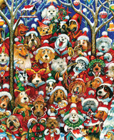  Close up of a handcrafted wooden jigsaw puzzle depicting a whimsical holiday scene of dogs dressed in Santa hats and festive attire, playing instruments and singing Christmas carols in a snowy forest. The scene radiates festive cheer and winter magic. 