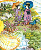  Close-up of Asian Beauties wooden jigsaw puzzle presenting two ladies dressed in kimonos and carrying oil paper umbrellas as they walk through a flower garden alongside a pond filled with goldfish. The whole scene is captured inside a koi fish frame. 