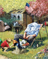  Close-up of Who's Watching Who wooden jigsaw puzzle capturing a little boy and his dad outside in the backyard. The boy is pouring a bucket of sand on his dad's boot as he sleeps in a chair with a newspaper covering his face. Next to the boy is a turtle-shaped sandbox with two dalmatian puppies laying in the sand, one with a pail hanging from its mouth. Another puppy lays on the ground between the dad's feet. 