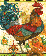  Close up of a vibrant wooden jigsaw puzzle featuring a proud rooster standing tall amidst sunflowers of varying sizes. Rich reds and golden tones fill the scene, creating a cheerful, sunlit atmosphere full of warmth, energy, and joy. 