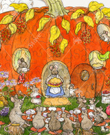  Close-up of Feast Your Eyes wooden jigsaw puzzle showing a family of mice gathering around a mushroom table outside their pumpkin house. The mom mouse is carrying a large pie from the doorway of the pumpkin towards the table as some of the mice hold a spoon in the air as they cheer in excitement. 