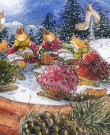  Close up of Happy Howl-idays wooden jigsaw puzzle conveying a winter scene inside a snow globe, with a pack of wolves standing in a circle holding music books as they howl christmas carols under the glowing moon. 