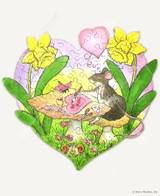  Hearts And Crafts wooden jigsaw puzzle features a mouse sitting at a mushroom table, who is joined by a butterfly as it crafts a heart shaped valentine's day card and paints the words "be mine". The mouse is thinking about love, which is depicted with a pink heart shaped thought bubble above the mouse's head. This scene is enclosed inside a giant heart shape and framed with a daffodils on each side of the image. Towards the bottom on the heart, two snails sit in the grass and embrace each other as their tails form a heart.  hover
