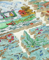  Close up of piece of Lobster Lubbers wooden jigsaw puzzle uncovering a man and lady on their boat as they go lobstering. The back off the boat has a pile of lobster traps and buoys, with some traps already being thrown in the water. Below the surface of the water are fish swimming, lobsters crawling over traps, and aquatic plants. 