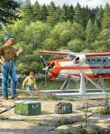  Close-up of The Business Meeting wooden jigsaw puzzle capturing a fishing trip on the lake, where a group of men have their airplane parked on the water. One man has a fish on his line as he reels in his catch. Three other guys watch while they enjoy a beverage and cook food on a campfire. 