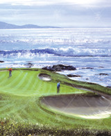  Close up of the 7th at Pebble Beach wooden jigsaw puzzle presenting a golf course along the coast, where two golfers are putting on the green. 