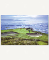  The 7th at Pebble Beach wooden jigsaw puzzle presents a golf course along the coast, where two golfers are putting on the green. 