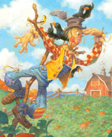  Close up of a scarecrow looking out over a field of pumpkins with a barn off in the distance. Crows are perching in its hat and shoulder. 