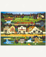  A quaint New England village scene featuring charming storefronts along a busy small-town street. A train passes behind the buildings while horse and buggies line the street in front of the shops. 