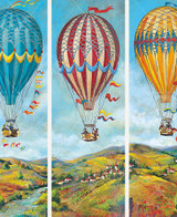  Close up of Race Around The World wooden jigsaw puzzle featuring three panels, each capturing a hot air balloon soaring in the bright blue sky over a town located on a mountainous landscape. 