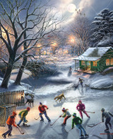  Close up of The Warming House wooden jigsaw puzzle illustrating an evening out on the frozen pond, where a group of children are enjoying a game of ice hockey. Two kids make their way over to join the game, with their canines following along. Street lights and houses add warm lighting to this chilly winter scene with the moon glowing brightly above. 